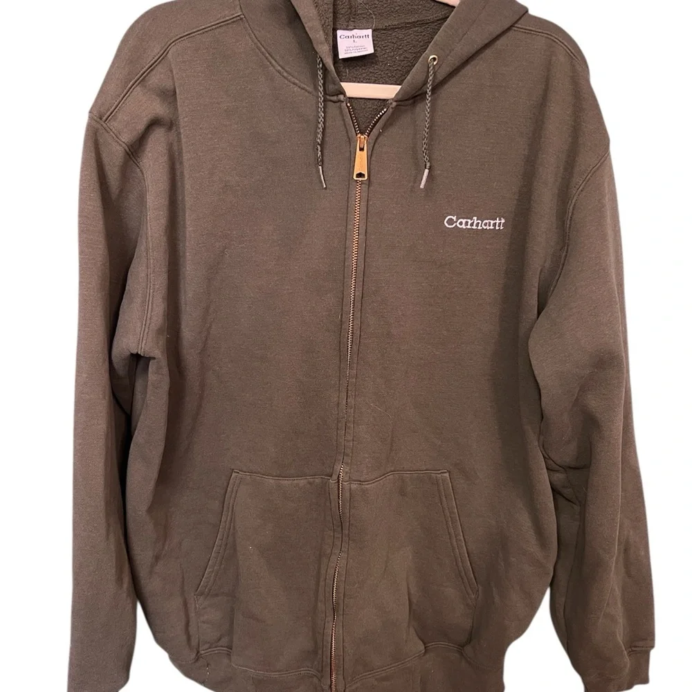 🧥 Vintage Carhartt Full-Zip Hoodie Jacket Olive Green Sherpa Lined Size L - Picture 3 of 7
